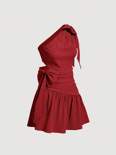 Vestido Mini De Cintura Corta Con Cuello Asimétrico Y Corba