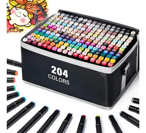Canetinhas Touch 204 Cores Ponta Dupla Com Estojo Base Preto