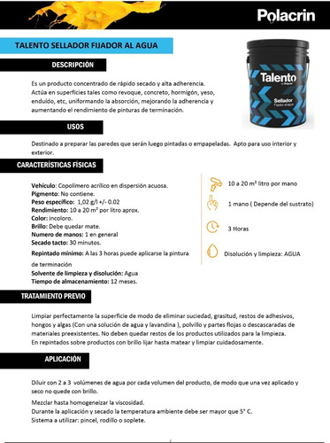 Imagen 2 de 4 de Fijador Sellador Talento X 20lts Interior Exterior Polacrin