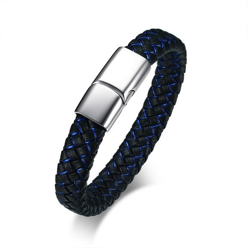 Pulsera Brazalete Hombre De Cuero Acero Grabado