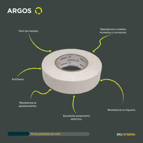 Cinta De Aislar Blanca 19mmx18m Paquete 10pza Argos 9750054 Blanco