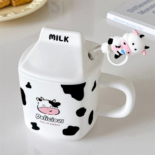 Taza Cerámica Milk Vaquita Con Popote Y Tapa 330ml