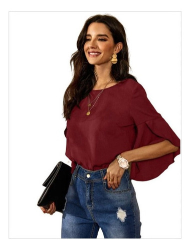 Blusa De Mujer Sencilla Y Elegante Con Mangas Anchas