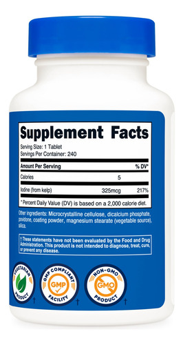 Suplemento Nutricost Kelp Tablets 325mcg Iodo 240 Comprimido