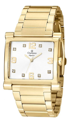 Relógio Feminino Dourado Champion Quadrado Com Pedras +