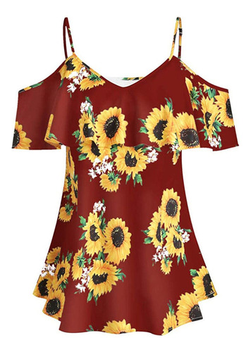 Mujer Tops Girasol Estampado Camis Manga Corta Volantes C [u