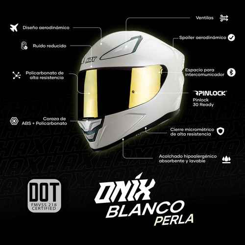 Casco Moto Integral HAX ONIX Solid Blanco Perla Mate Certificado DOT Talla XL (61-62Cm)