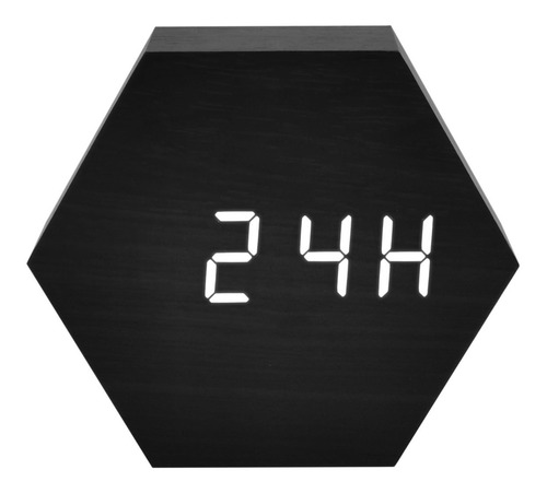 Reloj Despertador Hexágono Negro De Madera Con Led Blanca