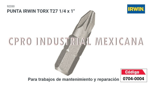Punta Irwin Torx T27 Medidas 1/4 X 1 Modelo 92330 S P