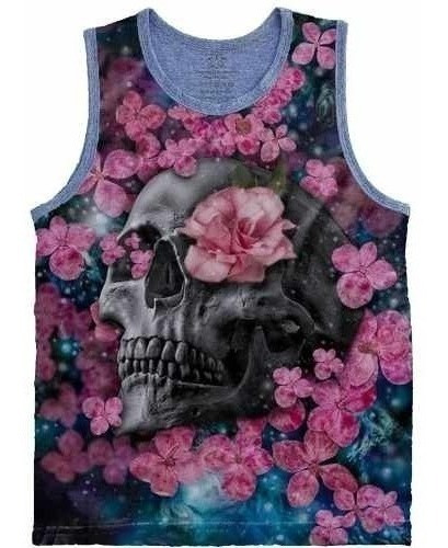 Camiseta Regata Plus Size Cranio Caveira Rosas Flores