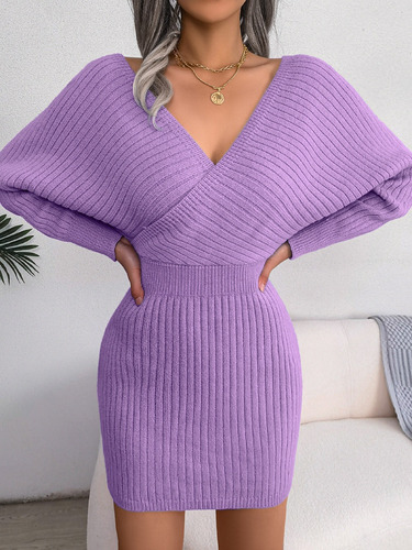 Vestido Elegante Dama De Punto Cuello En V Manga Larga