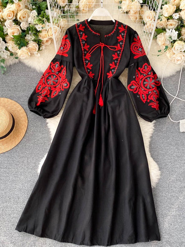 Vestidos De Otoño Para Mujer Flor Bordada Bohemia Con Cuello