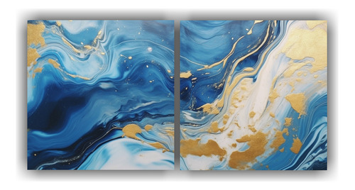 100x50cm Conjunto 2 Lienzos Sala Swirling Dorado Y Azul