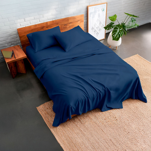 Juego De Sabanas Algodon 800 Hilos Azul Premium 2.5 Plazas