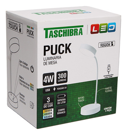 Luminária De Mesa Taschibra Puck Touch Recarregável C/ Usb
