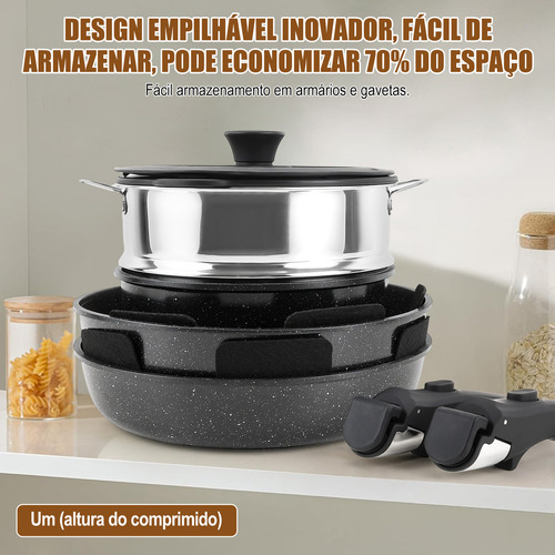 Conjunto de Panelas Antiaderentes de 19 Peças, Conjunto de Panelas Antiaderentes com Tampa e Alça Removível, Panelas de Cozinha, Frigideiras Antiaderentes Para todos os Fogões