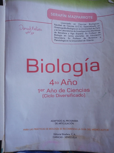 Libro Biología 4to Año Editorial Biosfera/ Serafín Mazparrot