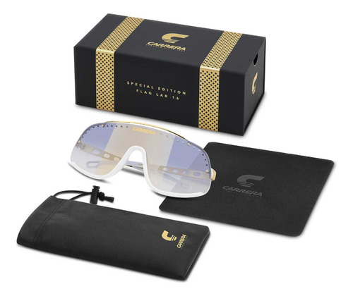 Lentes De Sol Carrera Flaglab 16 Ky2 Blue Gold 100% Autentic Lente Azul Claro Varilla Blanco Armazón Blanco Diseño Mascara