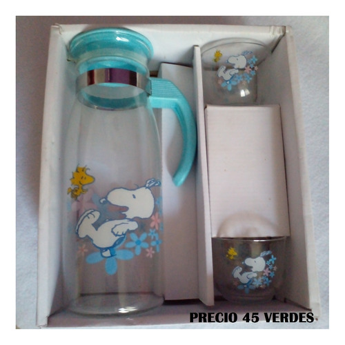 Juego Jarra Snoopy Vidrio Con 2 Tazas O Pocillos Original