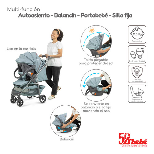 Carriola D Bebé Reversible Travel System Max Menta Menta Gris