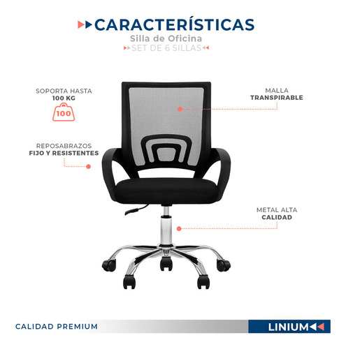 Silla Oficina Escritorio Linium Ergonómica Premium Set De 6 Color Negro Material Del Tapizado Liso