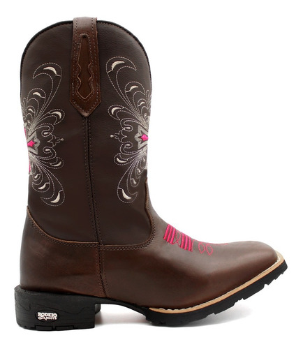 Bota Texana Feminina Country Cruz Rosa Café E Fivela Brinde