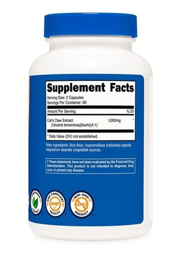 Original Nutricost Uña De Gato Cat Claw 1000mg 120cap 60serv