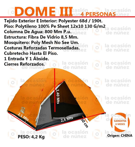 Imagen 2 de 7 de Carpa 4 Personas Waterdog Dome 3 Iglu Camping Trekking Cuatr