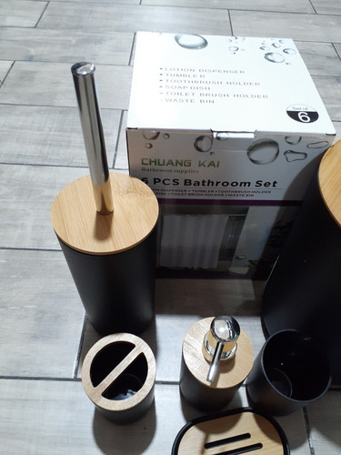Imagen 4 de 8 de Set X6 De Baño Dispenser Tacho Portacepillo Escobilla Bambú