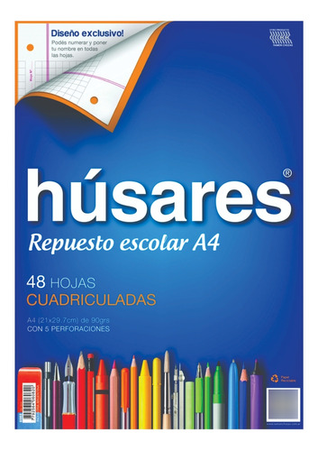 Repuesto Hojas A4 Husares 48 Hojas Cuadriculada Rayado