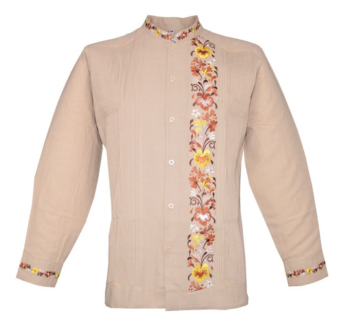 Guayabera Yucateca Beige De Lino Modelo Colibrí Manga Larga