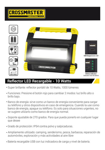Imagen 2 de 4 de Reflector Led Recargable 1000 Lm 10 W Crossmaster 9932784