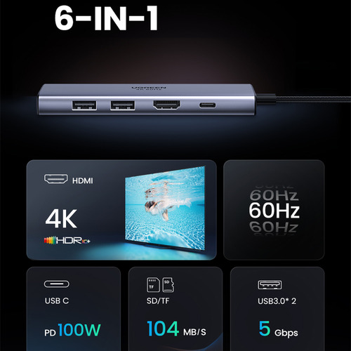 Hub Usb C 3.0 Ugreen Adaptador Multi Portas 6 Em 1 4k/60hz