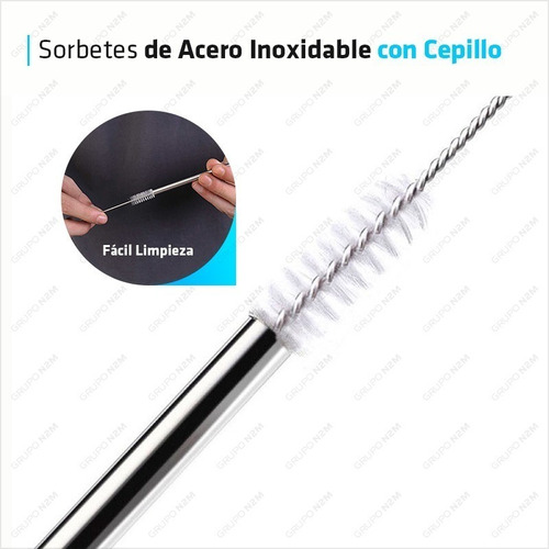 Imagen 3 de 10 de Bombilla Sorbete X 2 Acero Inoxidable Con Cepillo Limpiador