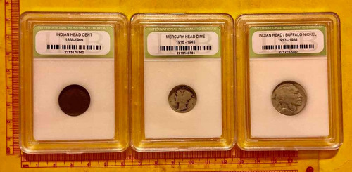 3 Moneda Antiguas Estados Unidos Encapsuladas 1, 5 Y 10 Cent