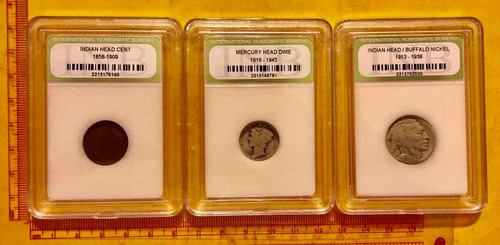 3 Moneda Antiguas Estados Unidos Encapsuladas 1, 5 Y 10 Cent (Usado)