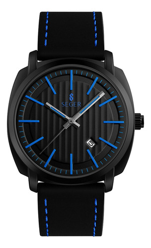 Reloj Minimalista Elegante Seger 9169 Analogico Cuero Fecha Color de la malla Negro/Azul