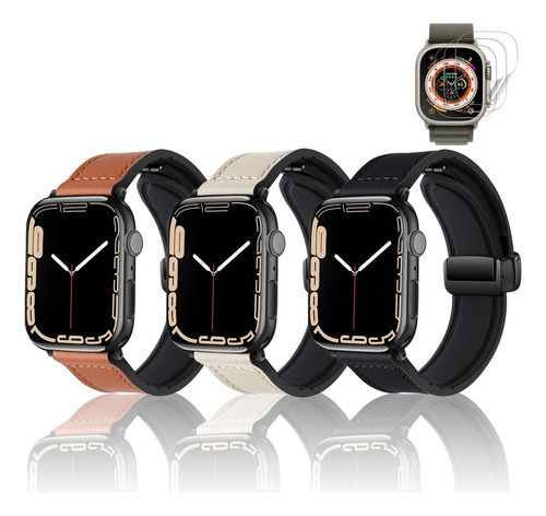 3 Correas Cuero Para Apple Watch Ultra Series 9 8 7 Se 6 5 4