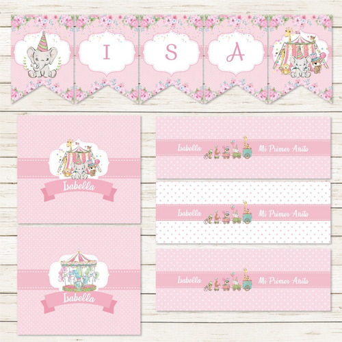 Kit Imprimible Circo Elefante Rosa Carpa Animales Party