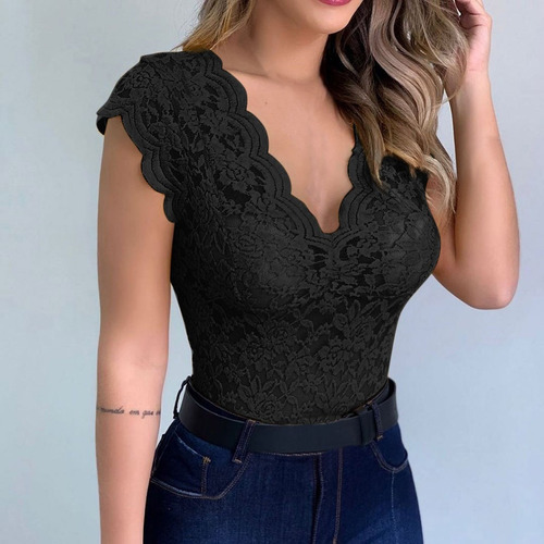 2z Body Sin Mangas Con Cuello En V Para Mujer De Encaje Sóli