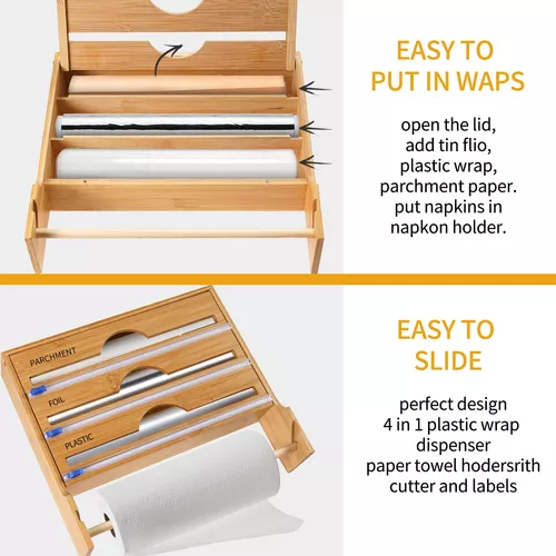 Organizador de papel de aluminio y plástico, dispensador de papel de  aluminio de bambú con soporte para toallas de papel, compatible con papel  de