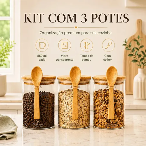 Honey Play Box Kit 3 Potes Herméticos Vidro Borossilicato 550ml Tampa Bambu Colhe