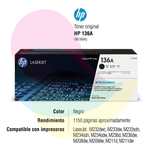 Imagen 2 de 5 de Toner Hp 136a W1360a Negro Original 1150 Copias M236 236