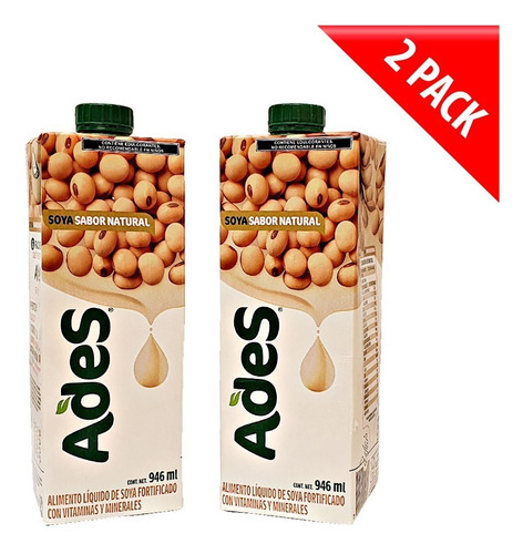 Imagen 1 de 3 de Leche De Soya Ades Sabor Natural Líquida 2 Piezas Litro