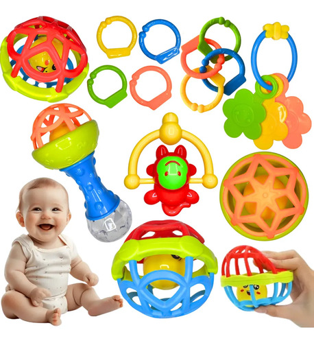 Kit Chocalho e Mordedor Sensorial Macio para Bebê – 8 Peças Coloridas e Divertidas