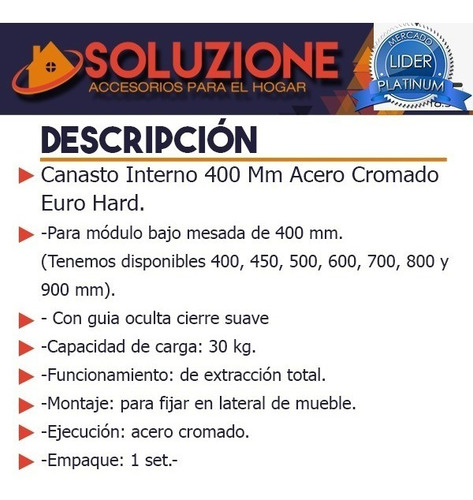 Canasto Interno 400 Mm Acero Cromado Cocina Guia Oculta