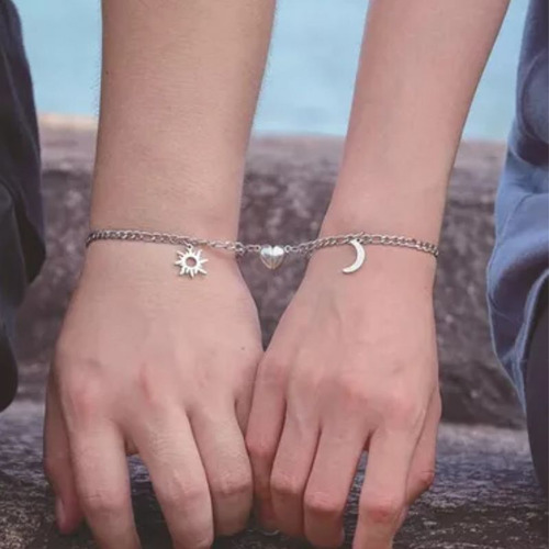 Pulsera Pareja Solar Y Luna Acero Inoxidable Mujer Color Plata Qyju