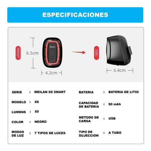 Luz Led Tras Bicicleta Recargable Para Smart Stop 50 Lumens