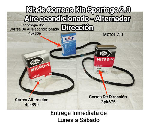 Kit Correas Kia Sportage 2.0 A.a/dirección/alternador Gates