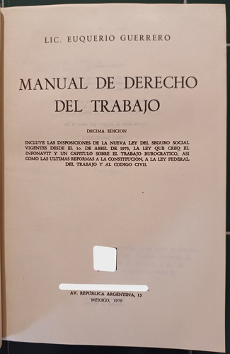 Manual De Derecho Del Trabajo. Euquerio Guerrero (Usado)